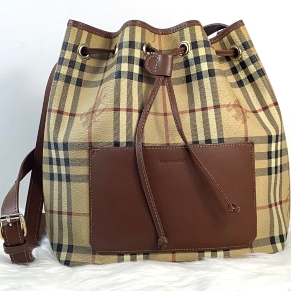Burberry Beige Plaid Canvas & Brown Leather Drawstring Bucket Bag